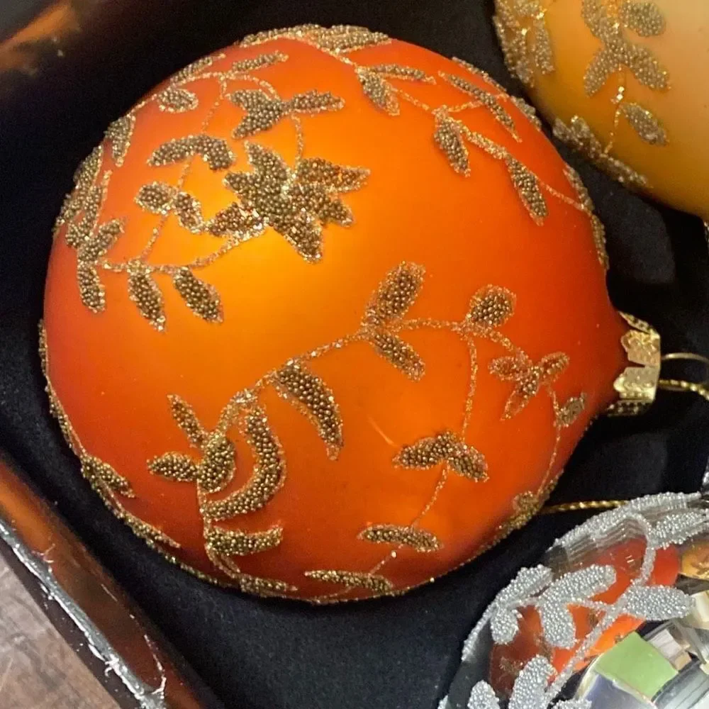 Set of 4 Glitter and Bead Glass Ball Christmas Ornaments